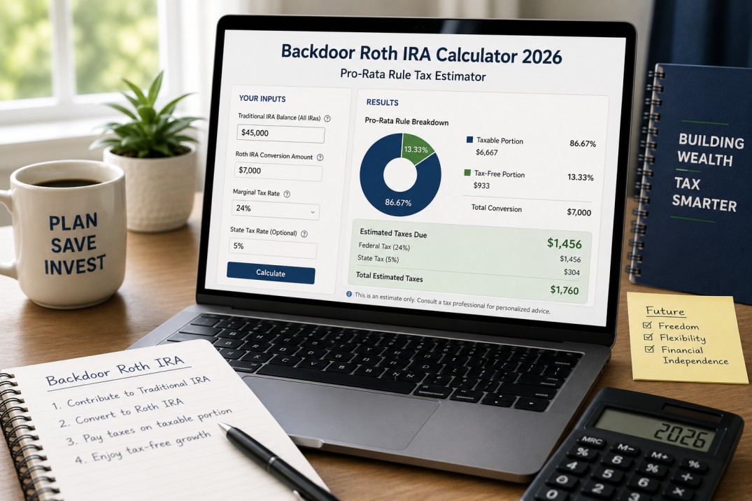 Laptop showing the Backdoor Roth IRA Calculator with inputs for Traditional IRA balance and conversion amount, and a donut chart breaking down the taxable versus tax-free portion of the conversion, next to a handwritten backdoor Roth IRA steps checklist