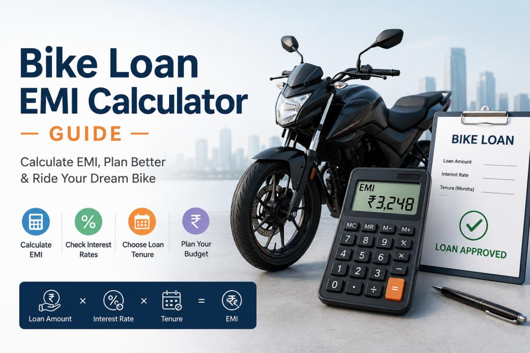 Person calculating bike loan EMI on a calculator next to a motorcycle key and loan documents