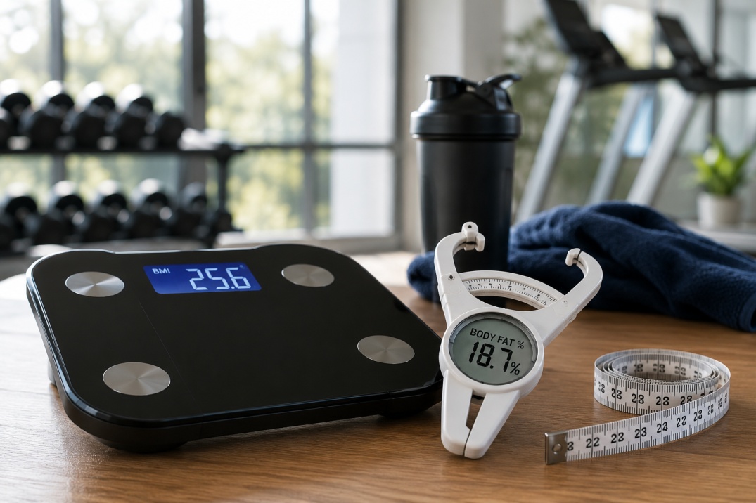 A digital scale showing a BMI of 25.6 next to a body fat caliper reading 18.7 percent and a tape measure, illustrating how BMI and body fat percentage can give different pictures of health