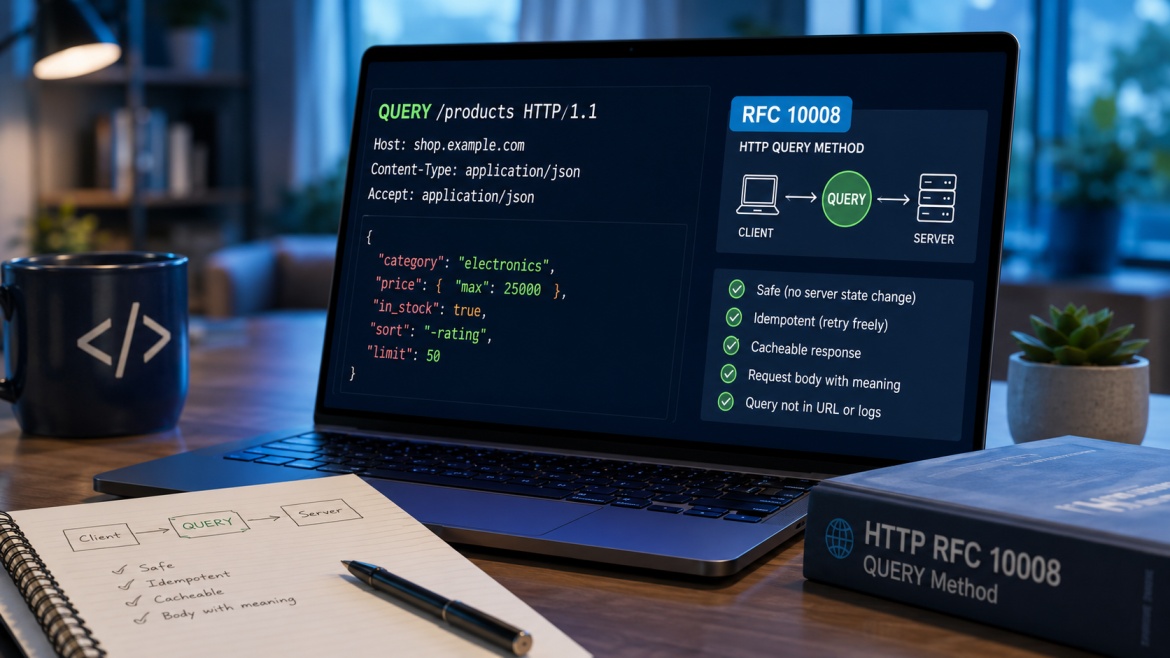 Laptop screen showing an HTTP QUERY request to /products with a JSON body, next to an RFC 10008 diagram of a client sending a QUERY to a server with its key properties: safe, idempotent, cacheable, request body with meaning, and query not in URL or logs