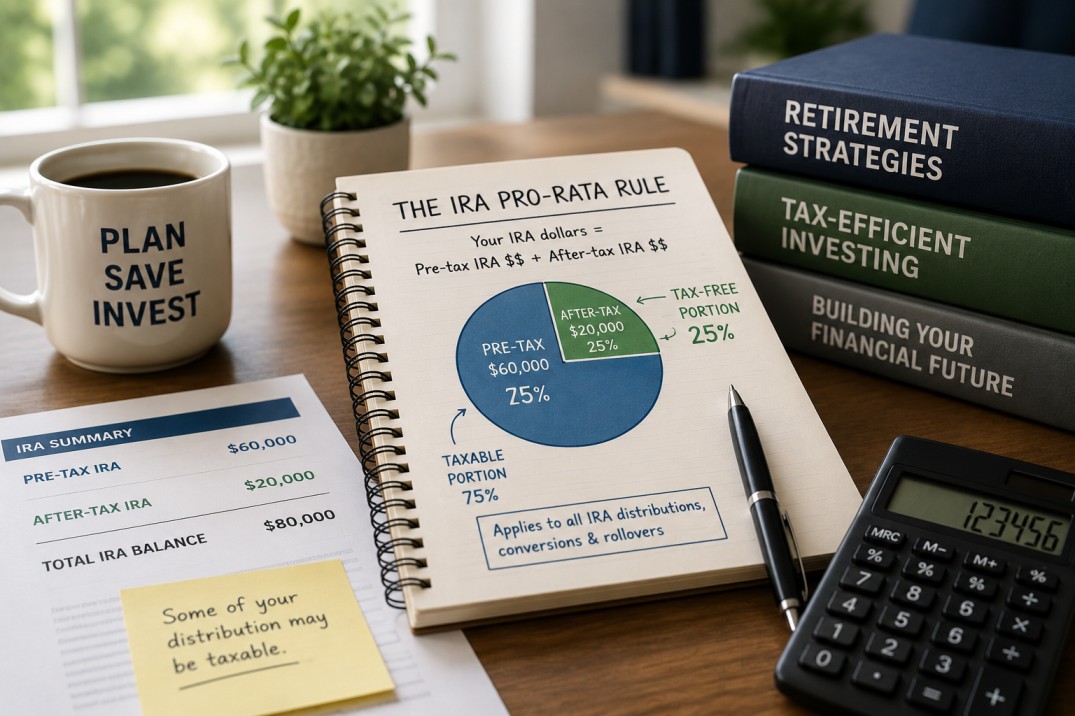 Notebook diagram of the IRA pro-rata rule showing a pie chart split between pre-tax IRA balance and after-tax IRA balance, next to an IRA summary sheet listing pre-tax, after-tax, and total IRA balances