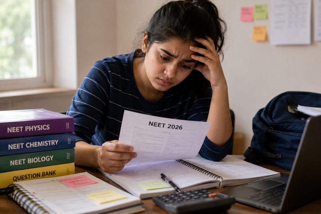A stressed NEET aspirant reviewing her NEET 2026 admit card at a desk stacked with NEET Physics, Chemistry, and Biology textbooks and a question bank, with a calculator and laptop nearby